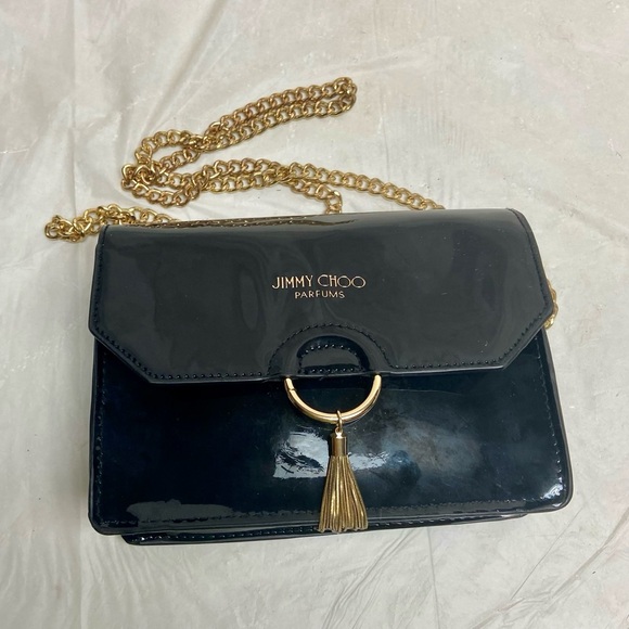 Jimmy Choo Black Faux Patent Leather Cosmetic Pouch Crossbody 7.5in x 5in x 2.5 - Picture 1 of 11